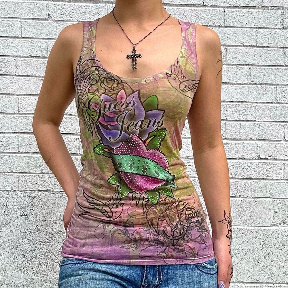 Vintage Y2K Guess Rhinestone Heart Tank McBling 2000s